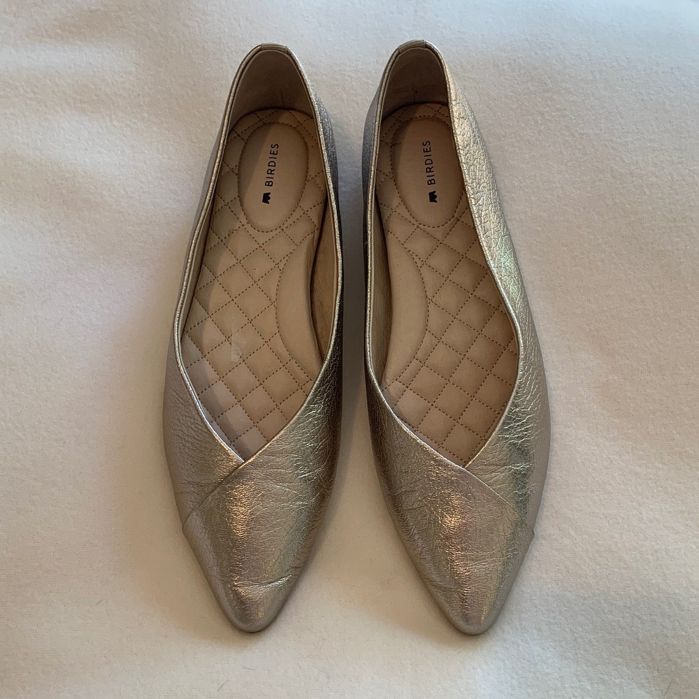 Birdies Silver Leather Pointy Toe Flats